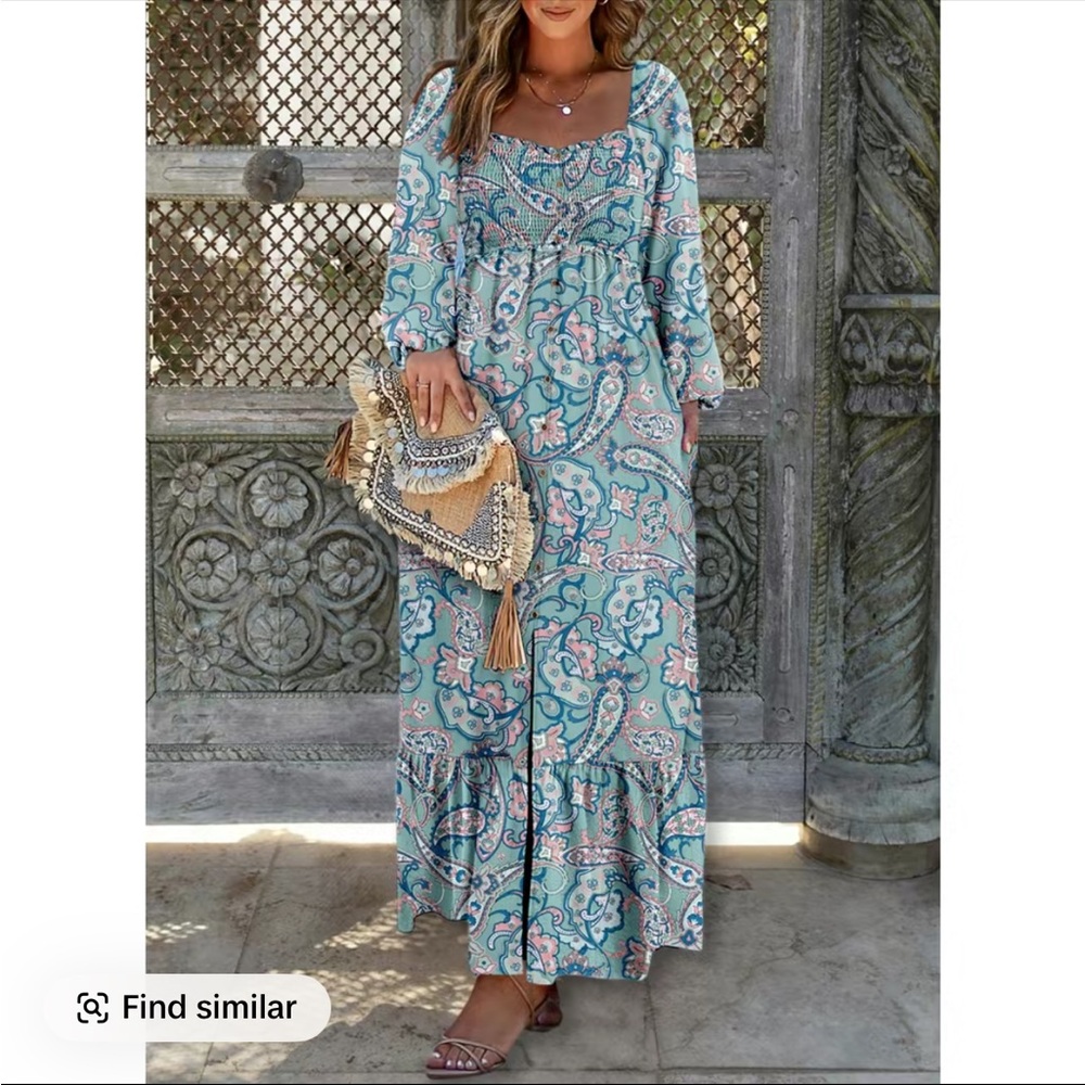 Bohemian Paisley Maxi Dress in Blue and Pink